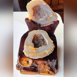 Chocolate Agate Geode Money Bowl Crystal with Hand Carved Wood Stand Collectors